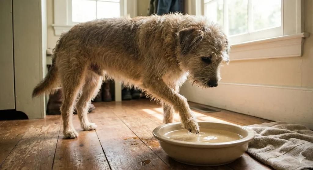 Soaking dog paws in Epsom salts to treat yeast infections and itchy feet