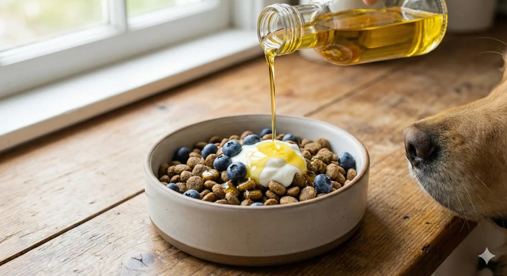 Adding Omega-3 fish oil supplements to dog food to improve coat health and reduce dry itchy skin.