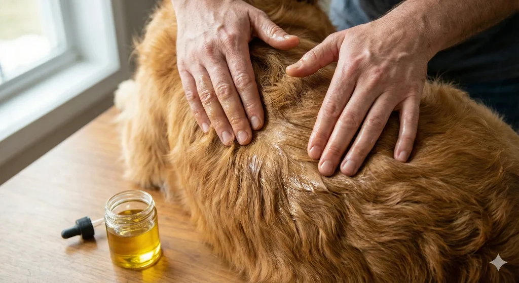 Owner applying coconut oil as a natural moisturizer and homemade itch relief for dogs.