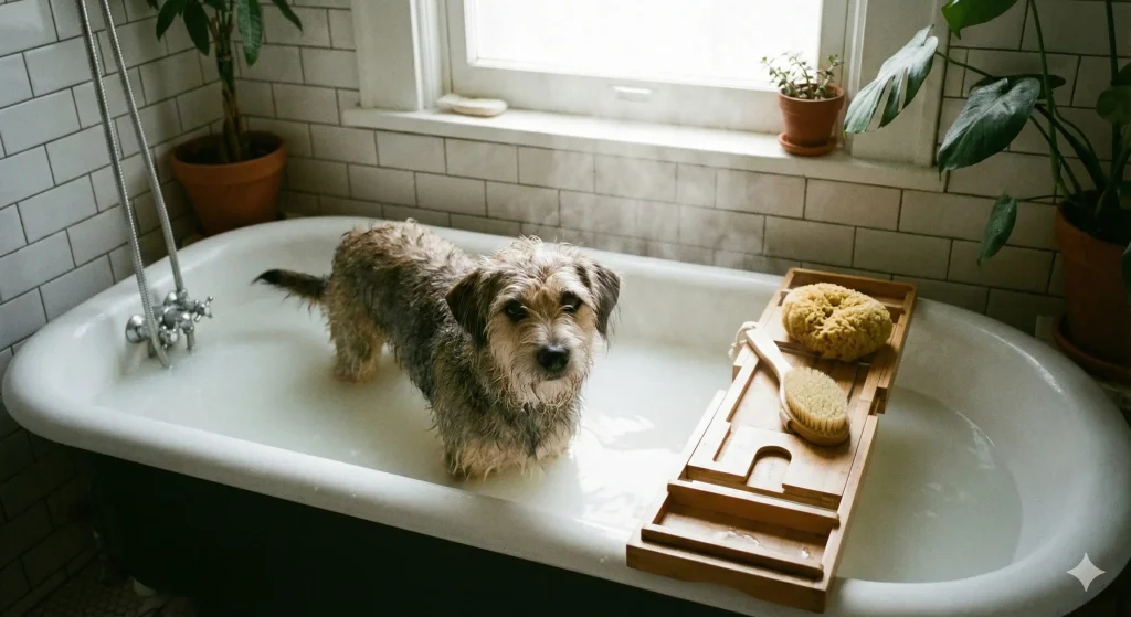 Dog soaking in a colloidal oatmeal bath for immediate relief for dog itching.