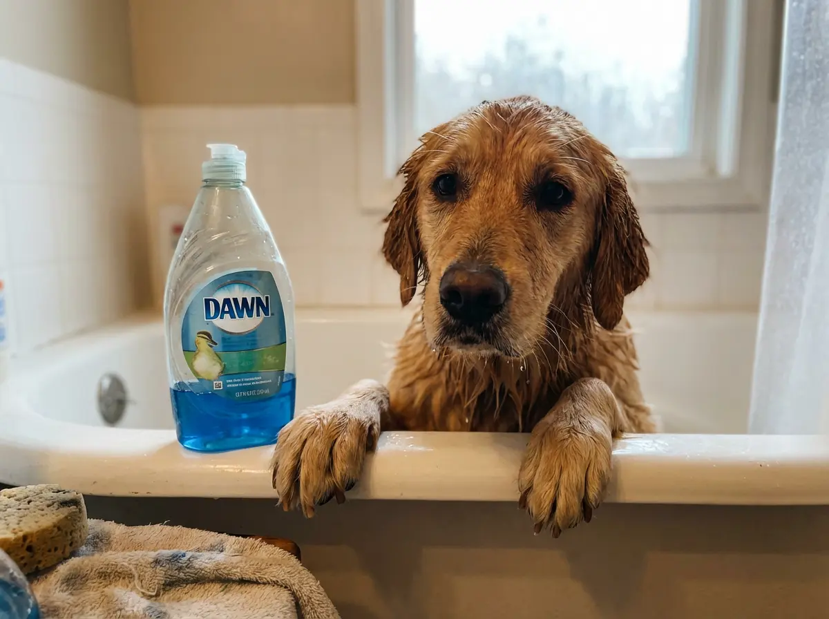 Blue Dawn dish soap bottle next to wet dog for flea bath.