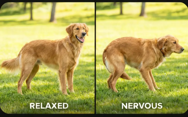 Dog body language comparison showing differences between relaxed and nervous anxious dog behavior and posture