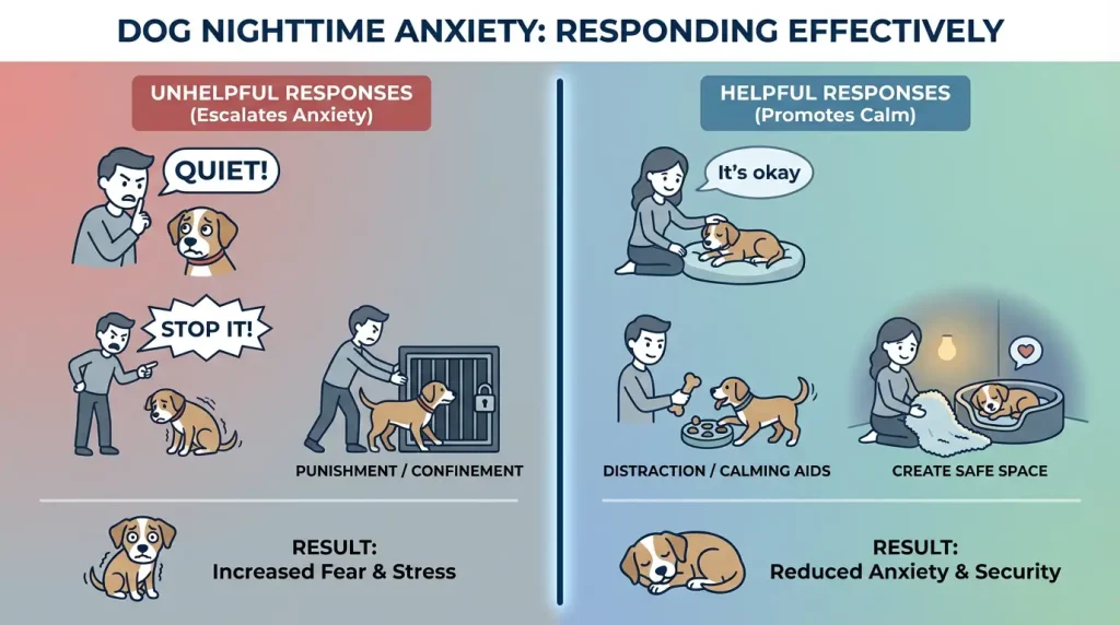Comparison infographic showing unhelpful versus helpful responses to dog nighttime anxiety behaviors